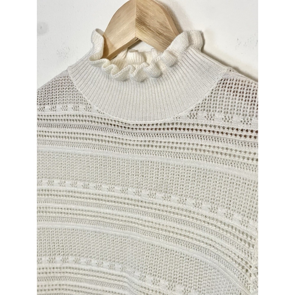 SEZANE Ecru Pointelle Openwork Ruffle Neck Merino Wool Cotton Sweater M - Picture 4 of 11
